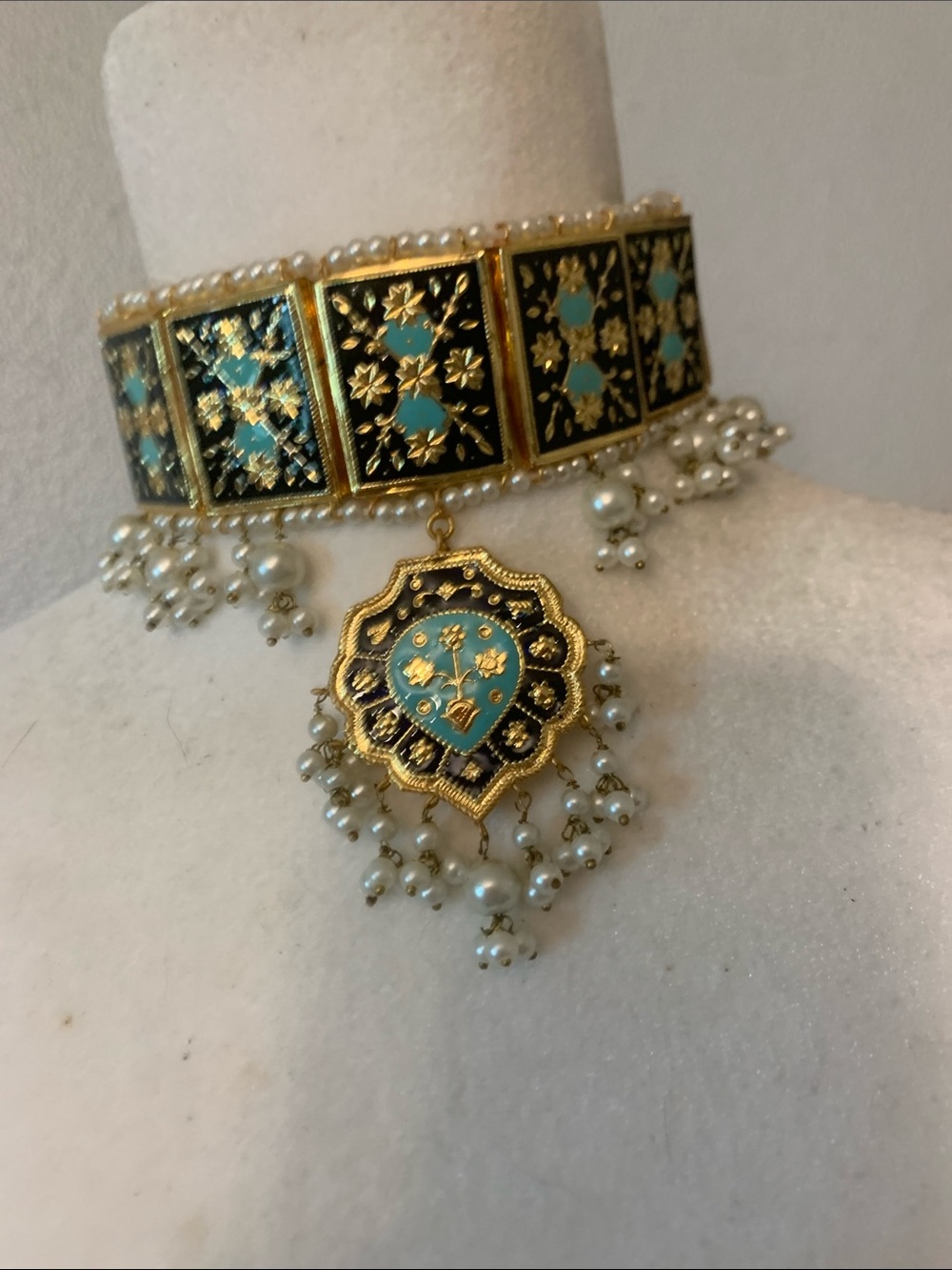 Gold-Tone Choker Necklace with Turquoise Enamel and Pearl Fringe - Picture 4 of 4